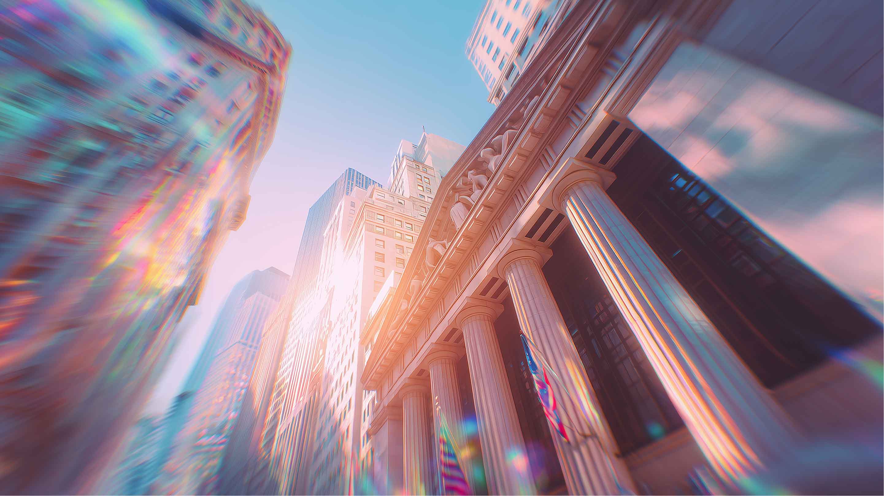 A blurry photo of a building in a city.