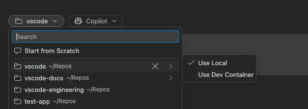 Screenshot showing the Use Dev Container action for a folder in the workspace picker.