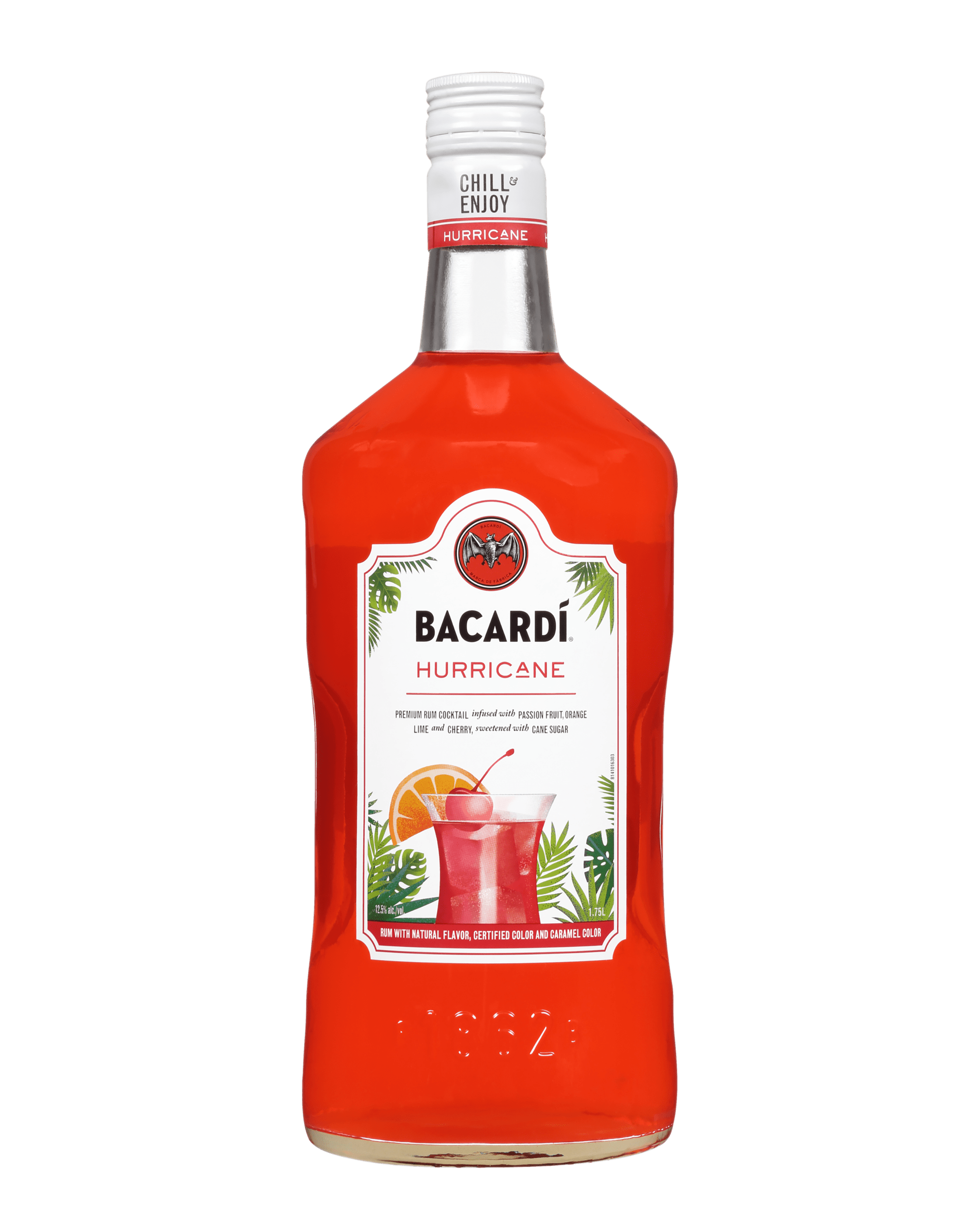 Bottle of BACARDÍ Hurricane cocktail with red liquid and logo.