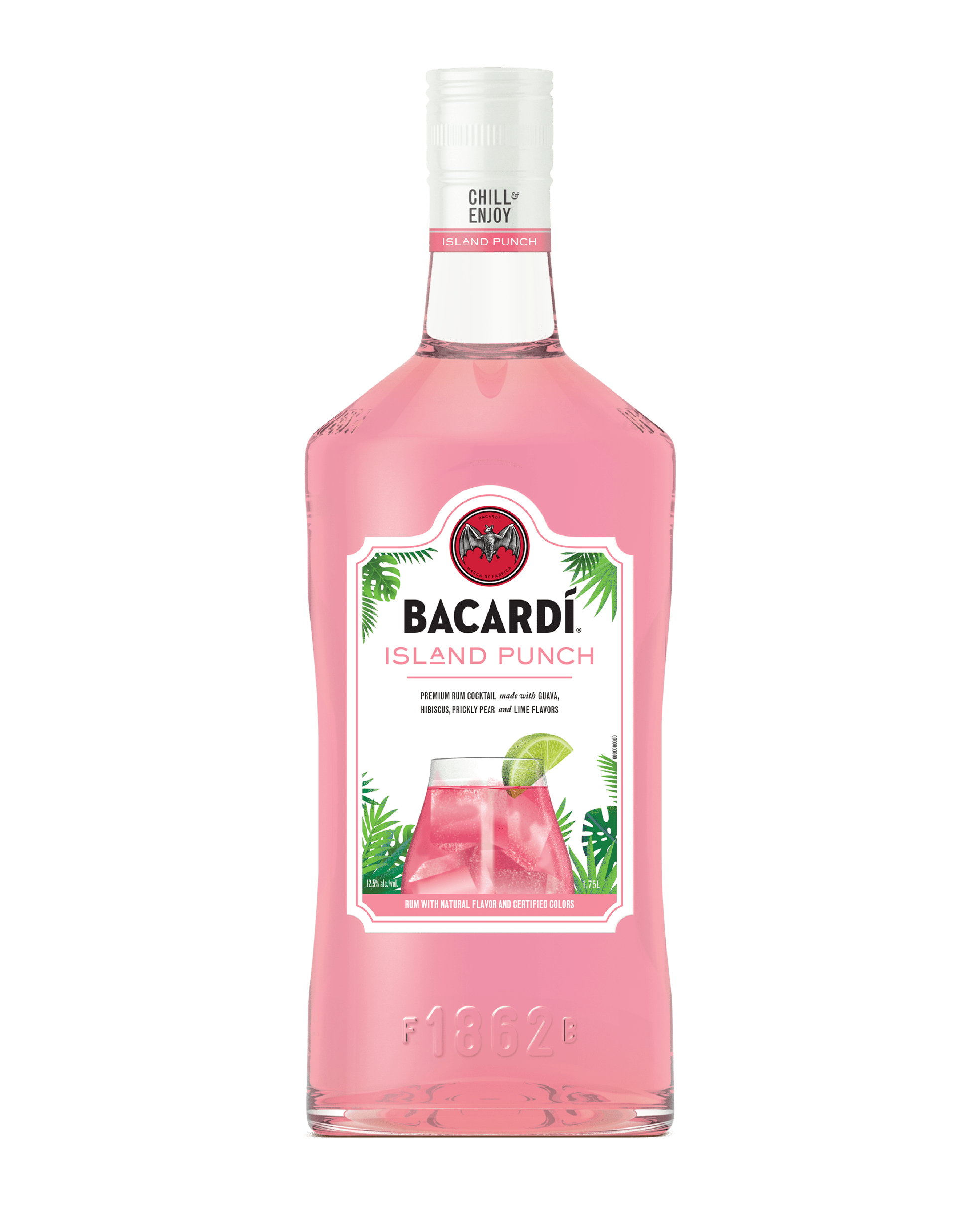 735538-1_IslandPunch-Mockup_FINAL_v2-1 (1968×2460) Bacardi Island Punch bottle with pink liquid and a white label featuring green leaves and the Bacardi bat logo.